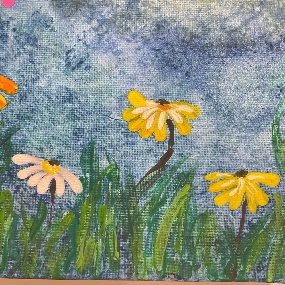 Handmade acrylic painting of sunshine and flowers daisies